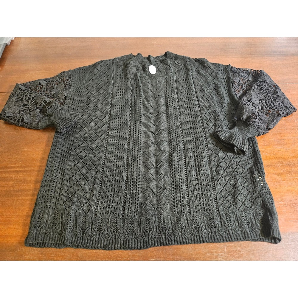 Pink Ladies Sweater Women XXL Black Lace Crochet Sleeve Open Knit Cable